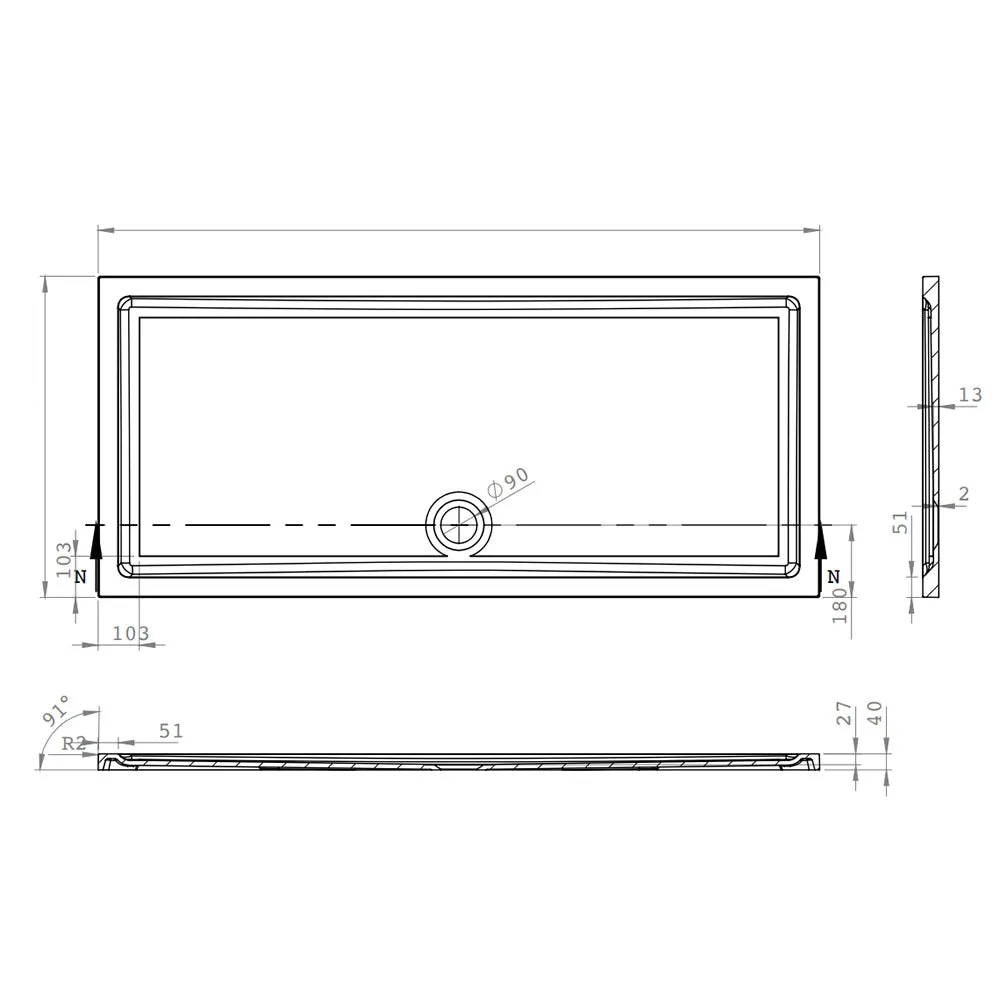 Roman Stone Solid Surface Anti Slip Shower Tray - 1000 x 900 x 40mm