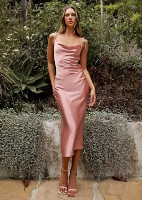 Rosie Satin Slip Cowl Neck Midi Dress Desert Rose