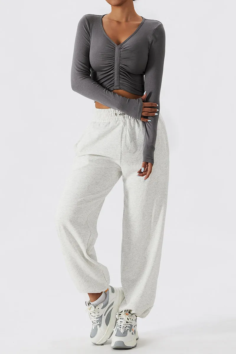 Ruched-Front Crop Long Sleeve Tops