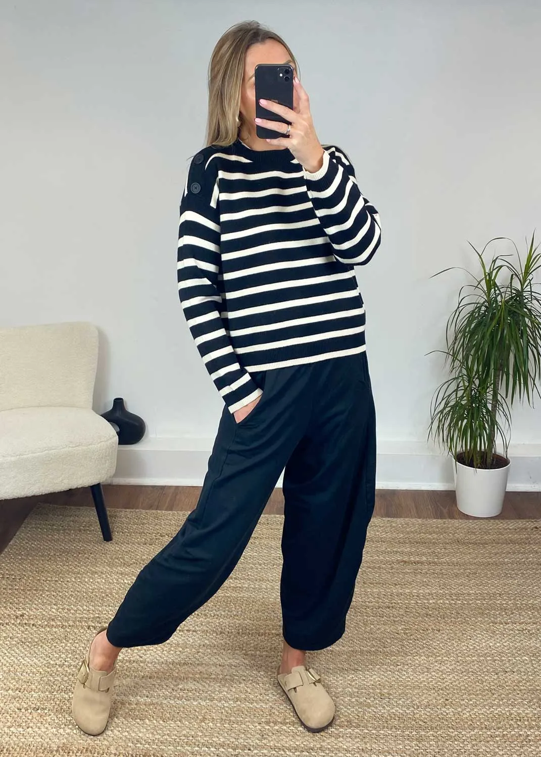 Saba Stripe Button Jumper in Black