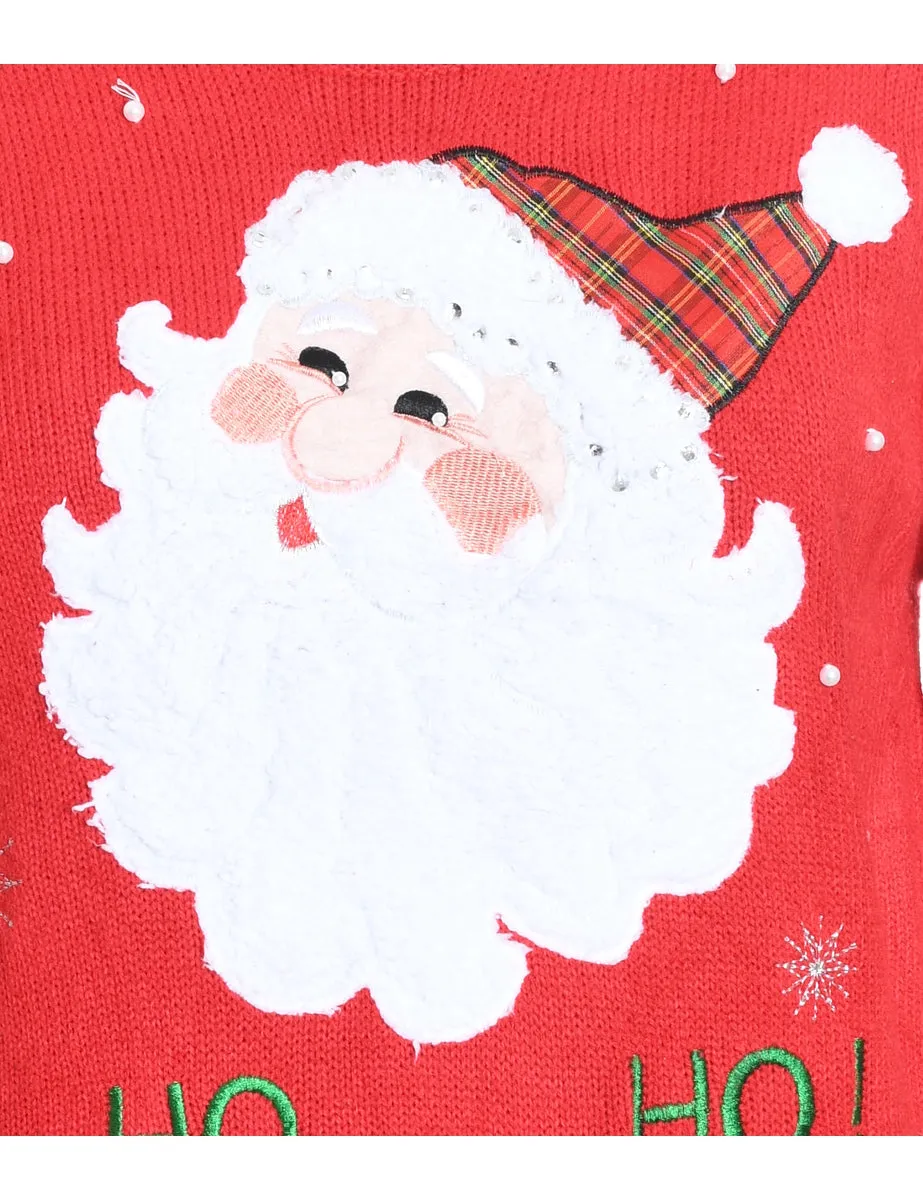 Santa Claus Design Embroidered Red Christmas Jumper - M