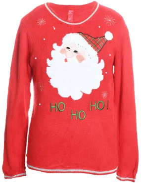 Santa Claus Design Embroidered Red Christmas Jumper - M