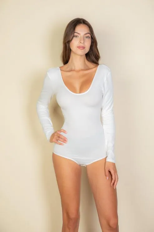 Scoop Neck Solid Long Sleeve Bodysuit