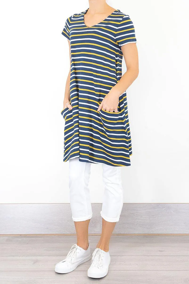 Seasalt Short Sleeve Clear Light Navy Breton Striped Relaxed Casual Jersey Dress