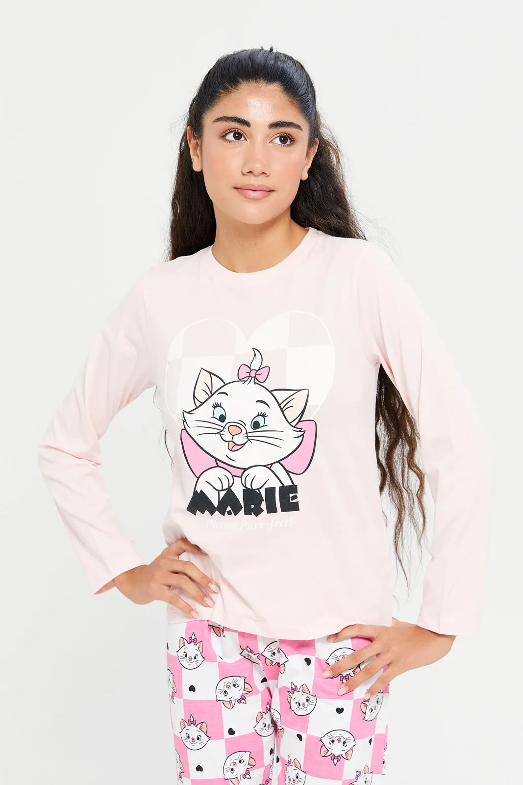 Senior Girls Pink Marie Cat Print Pajama Set (2 Piece)