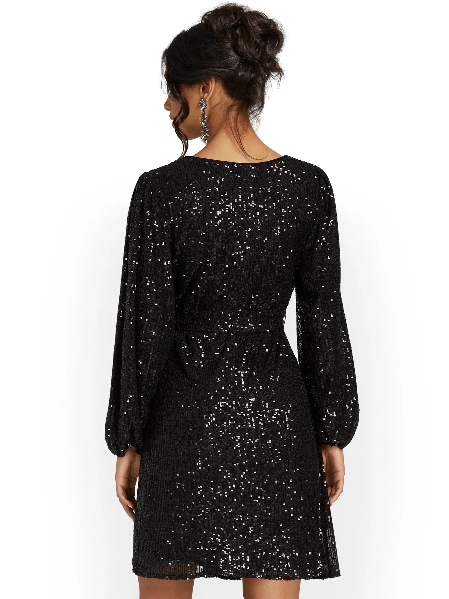 Sequin Balloon-Sleeve Wrap Dress