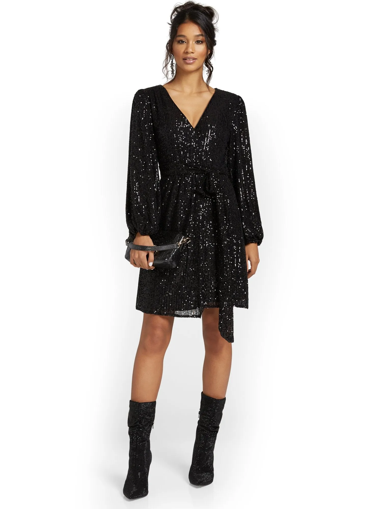 Sequin Balloon-Sleeve Wrap Dress