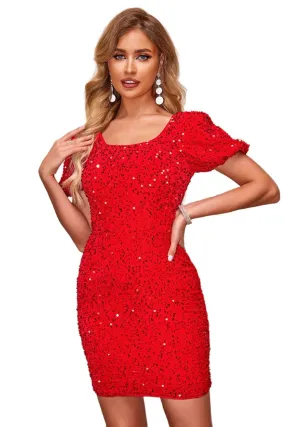 Sequin Puff Sleeve Wrap Dress