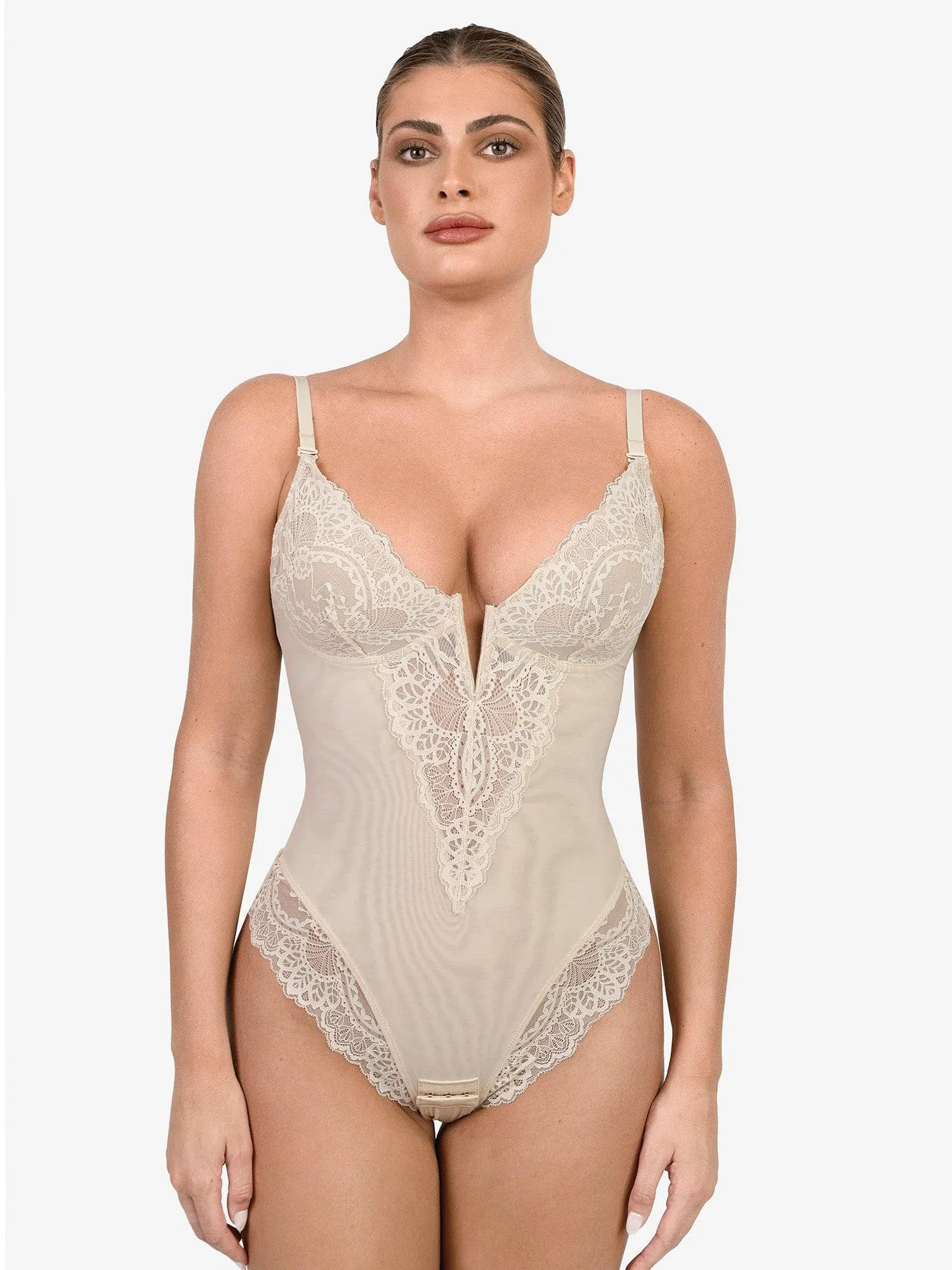 Shapewear Lace Deep V-Neck Sculpting Thong Bodysuit