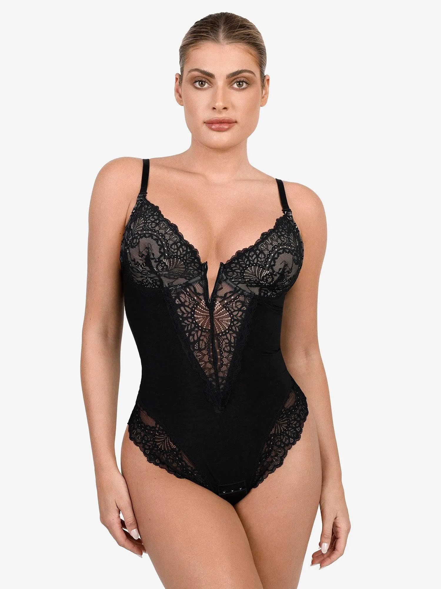 Shapewear Lace Deep V-Neck Sculpting Thong Bodysuit