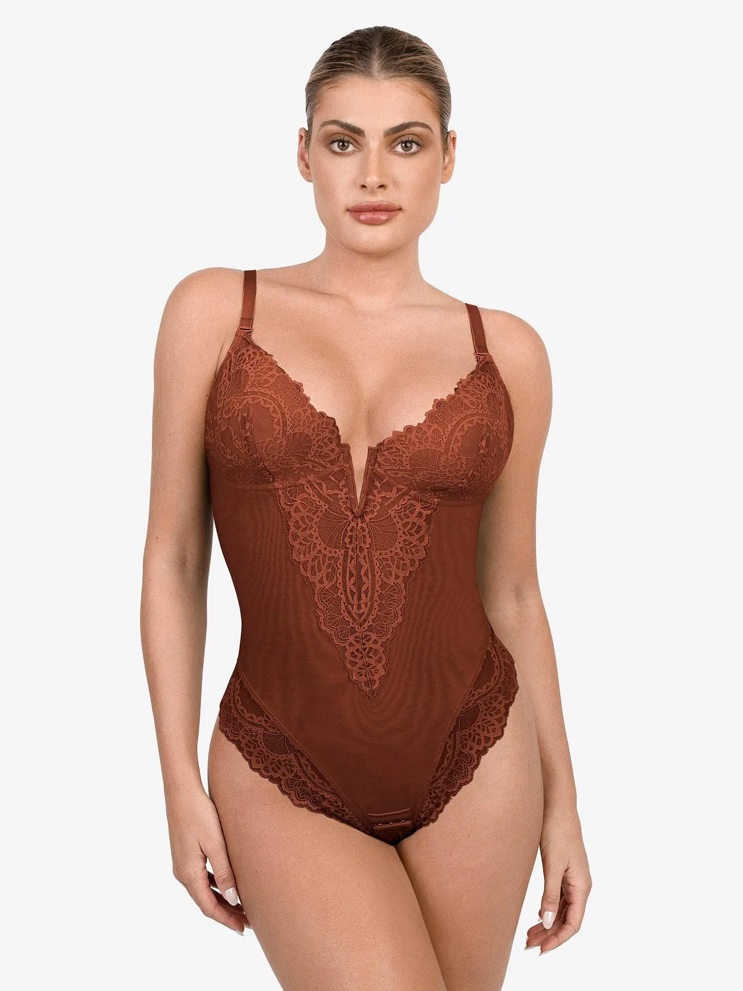 Shapewear Lace Deep V-Neck Sculpting Thong Bodysuit