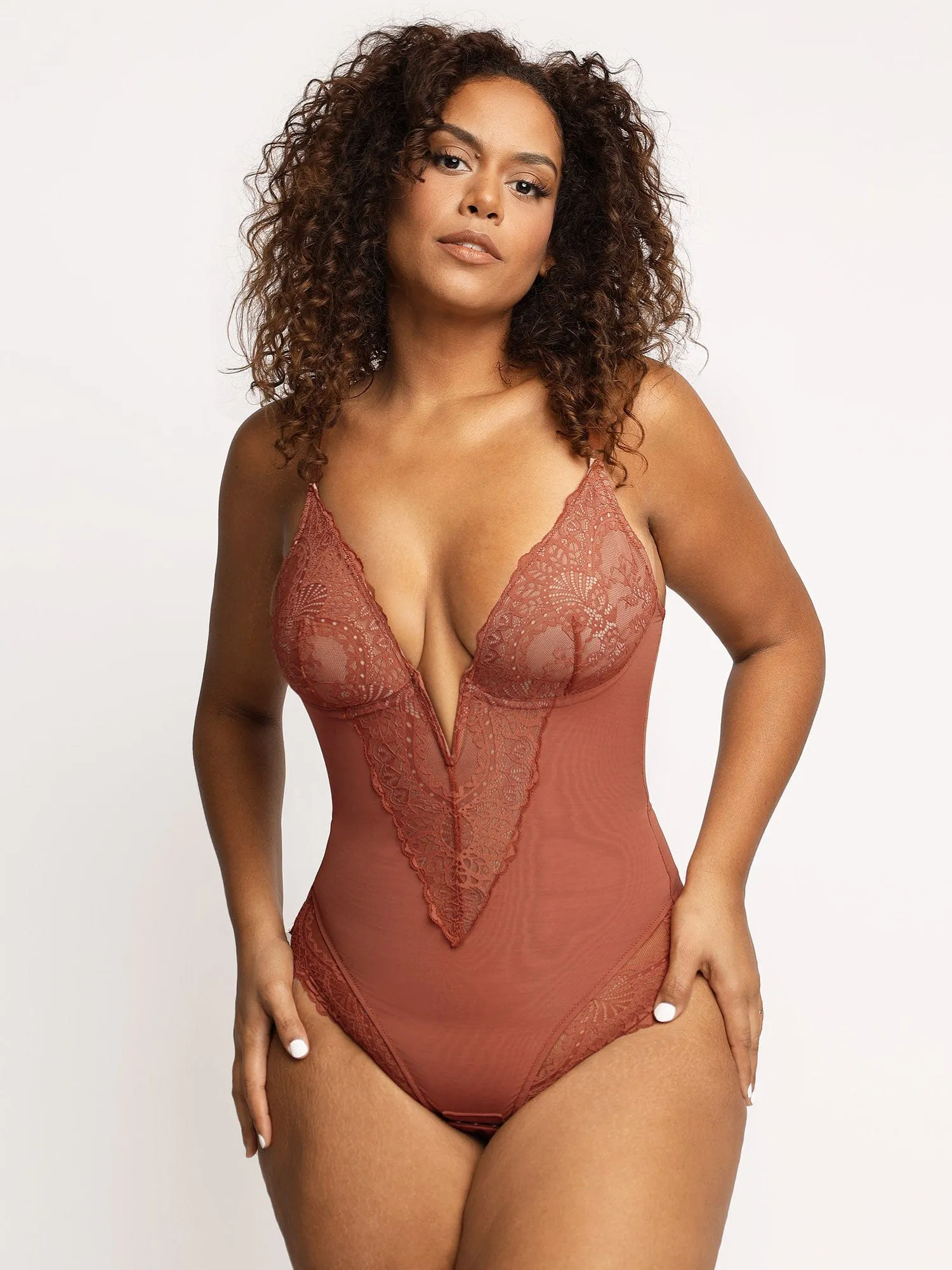 Shapewear Lace Deep V-Neck Sculpting Thong Bodysuit