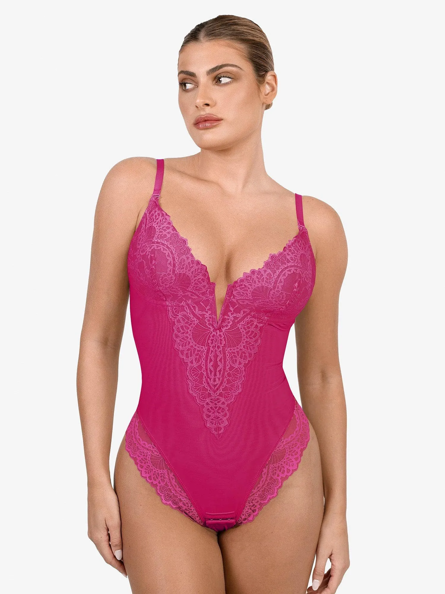 Shapewear Lace Deep V-Neck Sculpting Thong Bodysuit