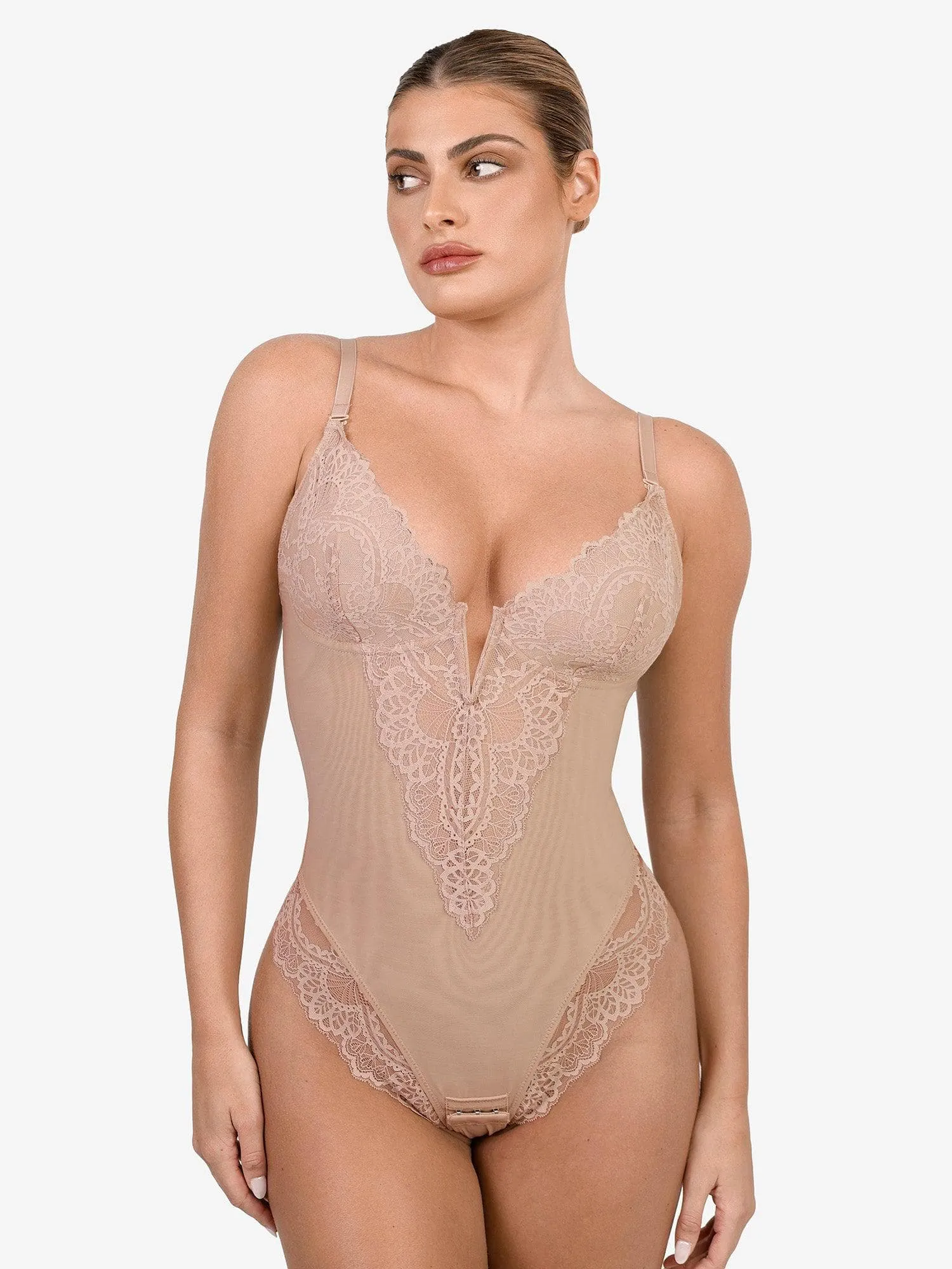 Shapewear Lace Deep V-Neck Sculpting Thong Bodysuit