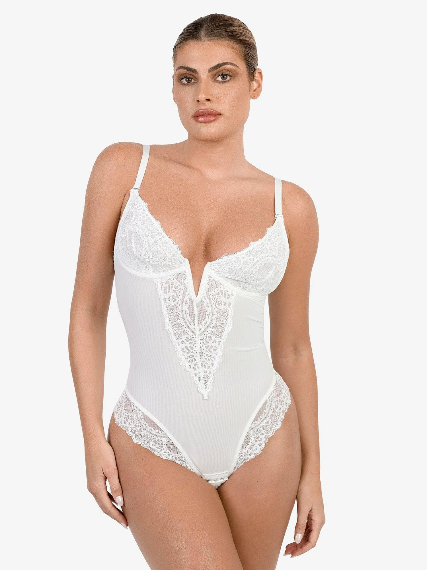 Shapewear Lace Deep V-Neck Sculpting Thong Bodysuit