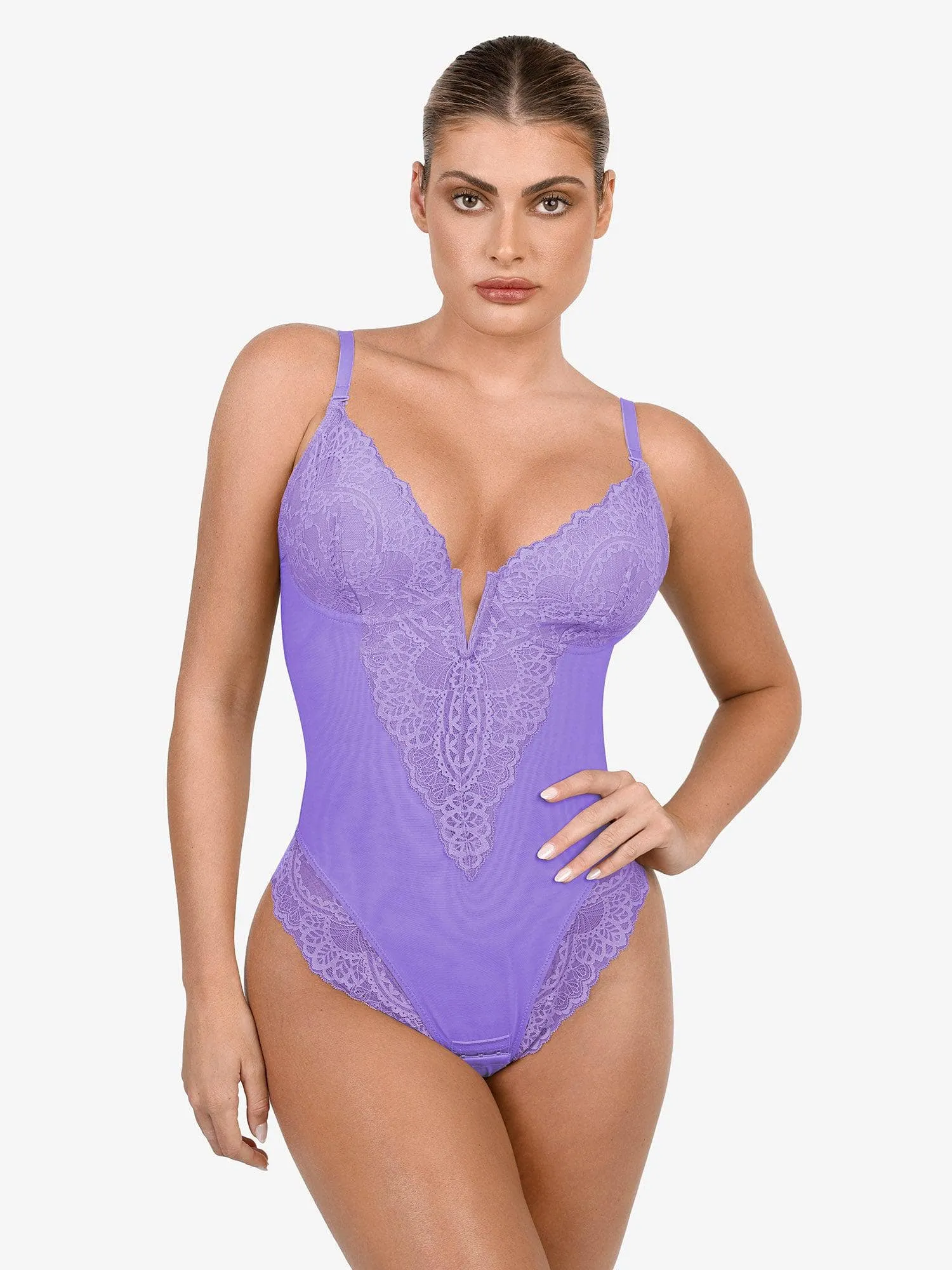 Shapewear Lace Deep V-Neck Sculpting Thong Bodysuit