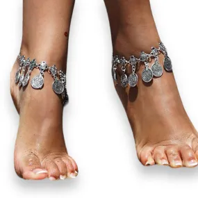 Silver Charming Coins Tassel Anklet Sets