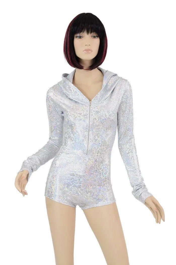 Silvery White Long Sleeve Hoodie Romper