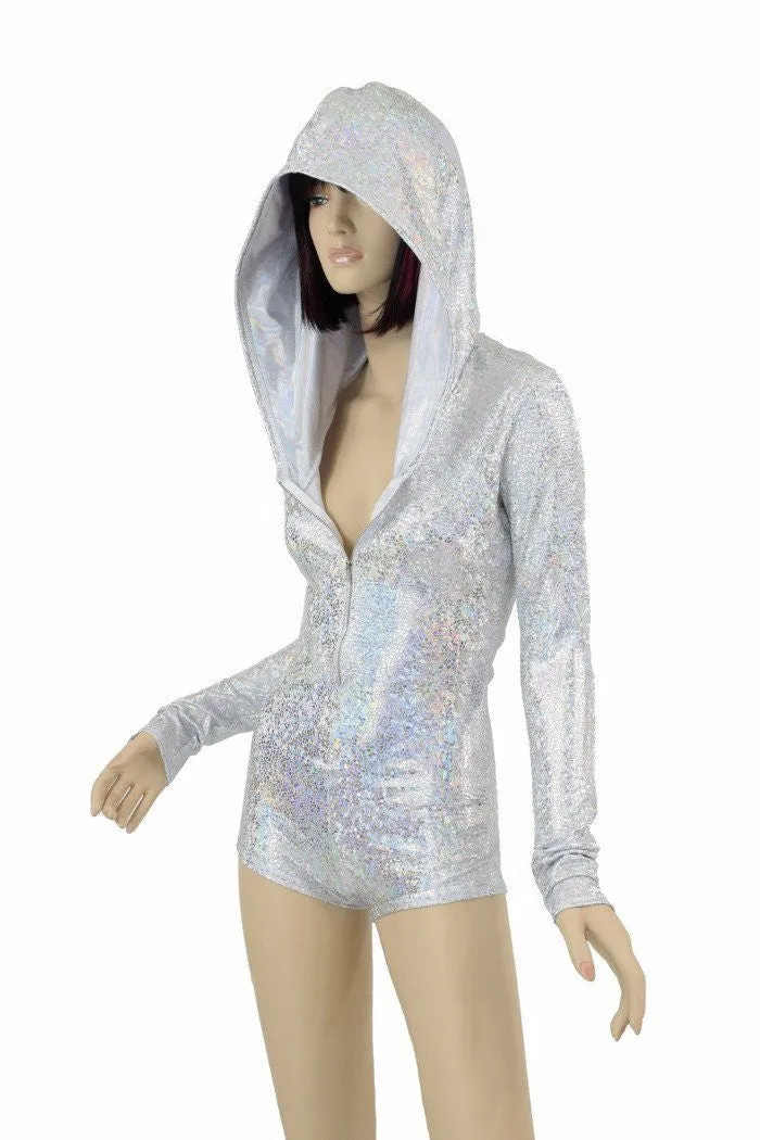 Silvery White Long Sleeve Hoodie Romper