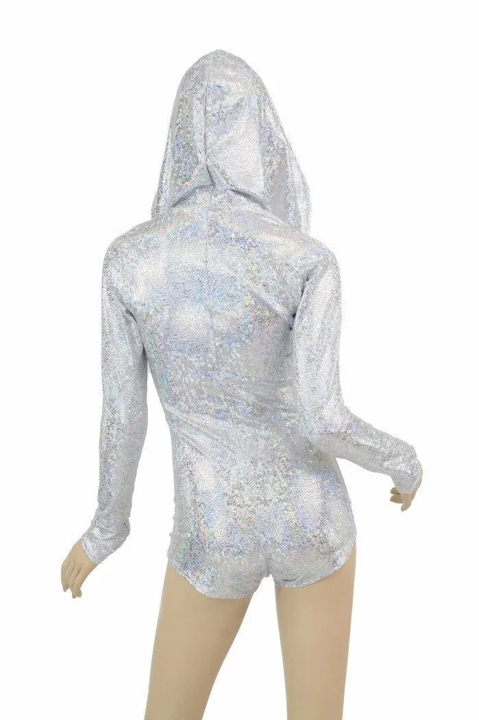 Silvery White Long Sleeve Hoodie Romper