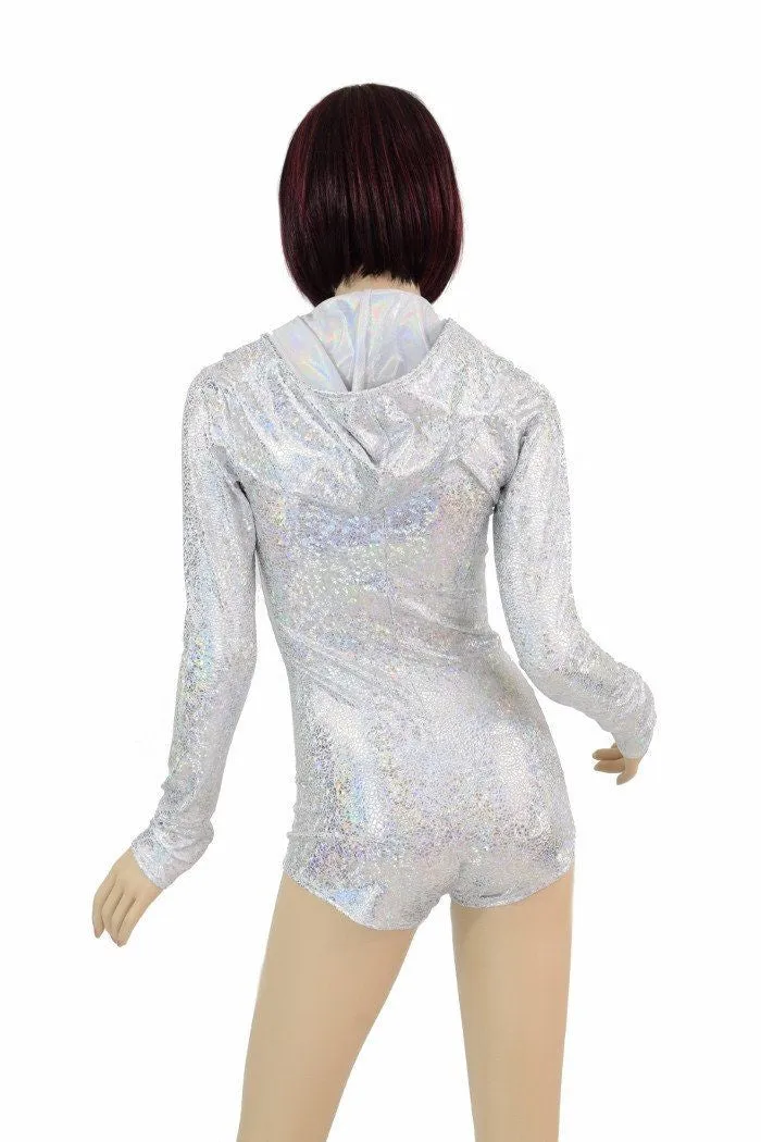 Silvery White Long Sleeve Hoodie Romper