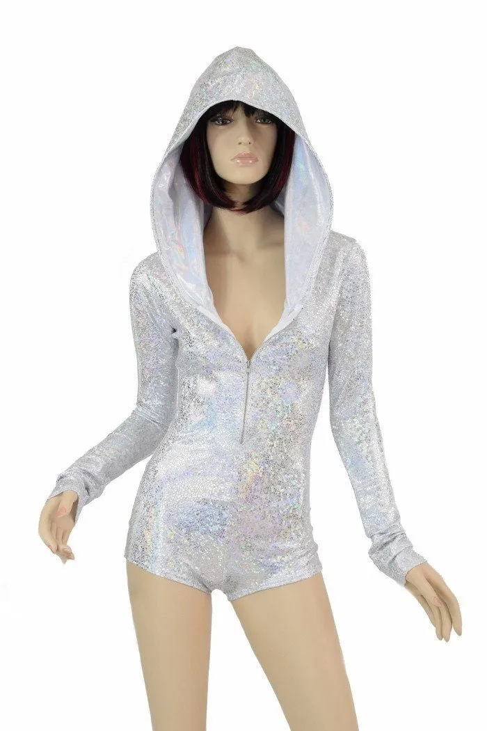 Silvery White Long Sleeve Hoodie Romper