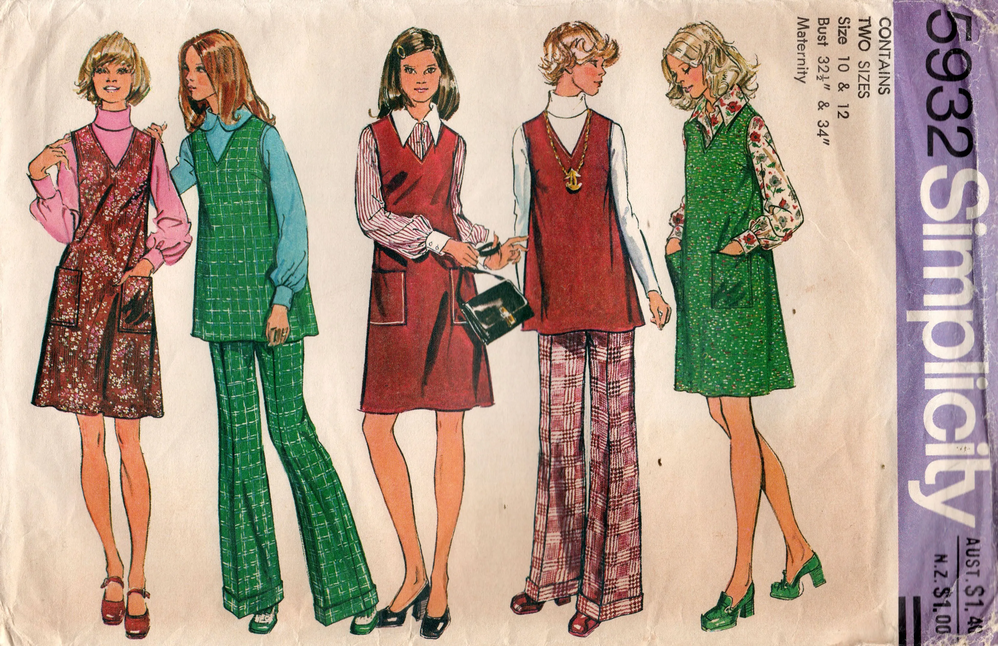 Simplicity 5932 Womens Maternity Dress Tunic & Pants 1970s Vintage Sewing Pattern Size 10 & 12