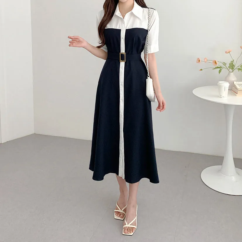 Single-Breasted Belt Contrast Color Long Dress