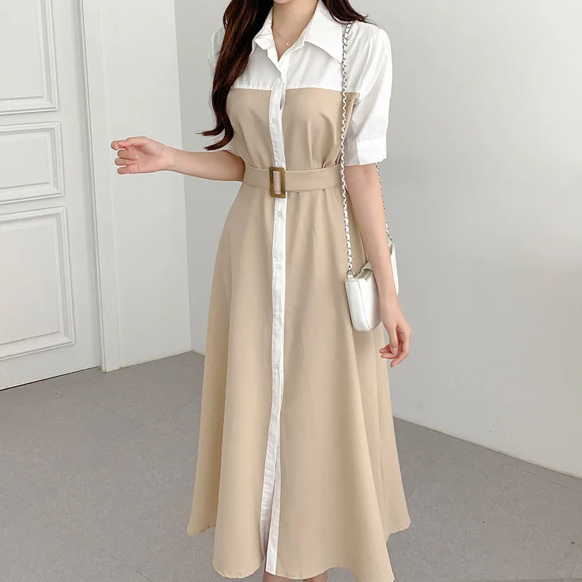 Single-Breasted Belt Contrast Color Long Dress