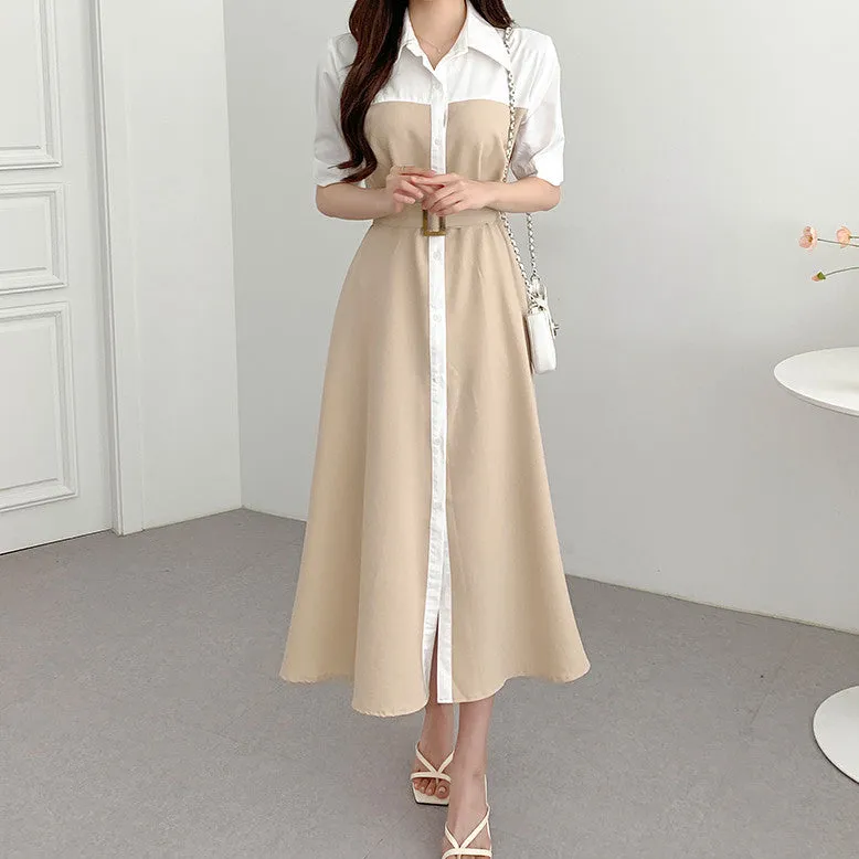 Single-Breasted Belt Contrast Color Long Dress