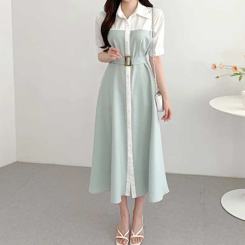 Single-Breasted Belt Contrast Color Long Dress