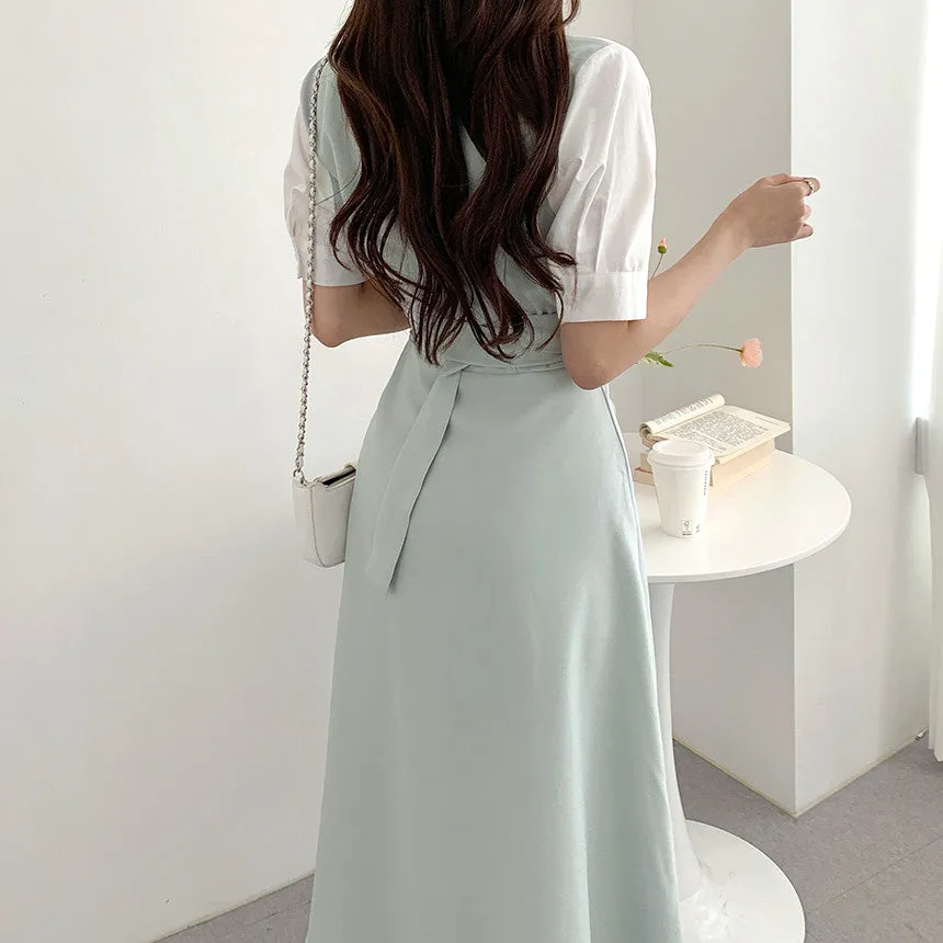 Single-Breasted Belt Contrast Color Long Dress