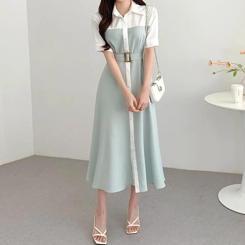 Single-Breasted Belt Contrast Color Long Dress