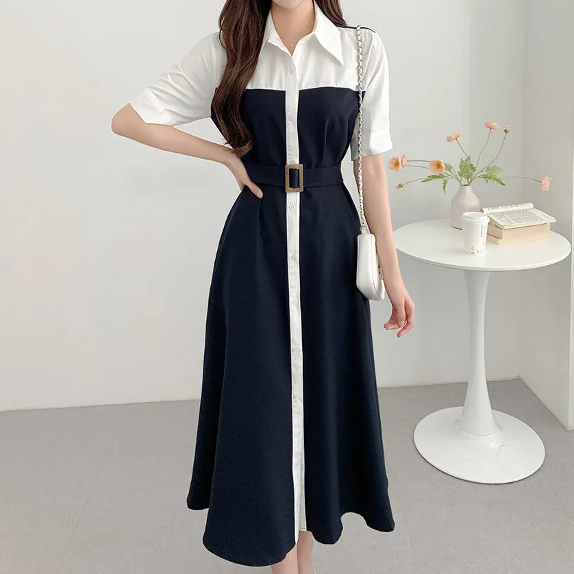 Single-Breasted Belt Contrast Color Long Dress