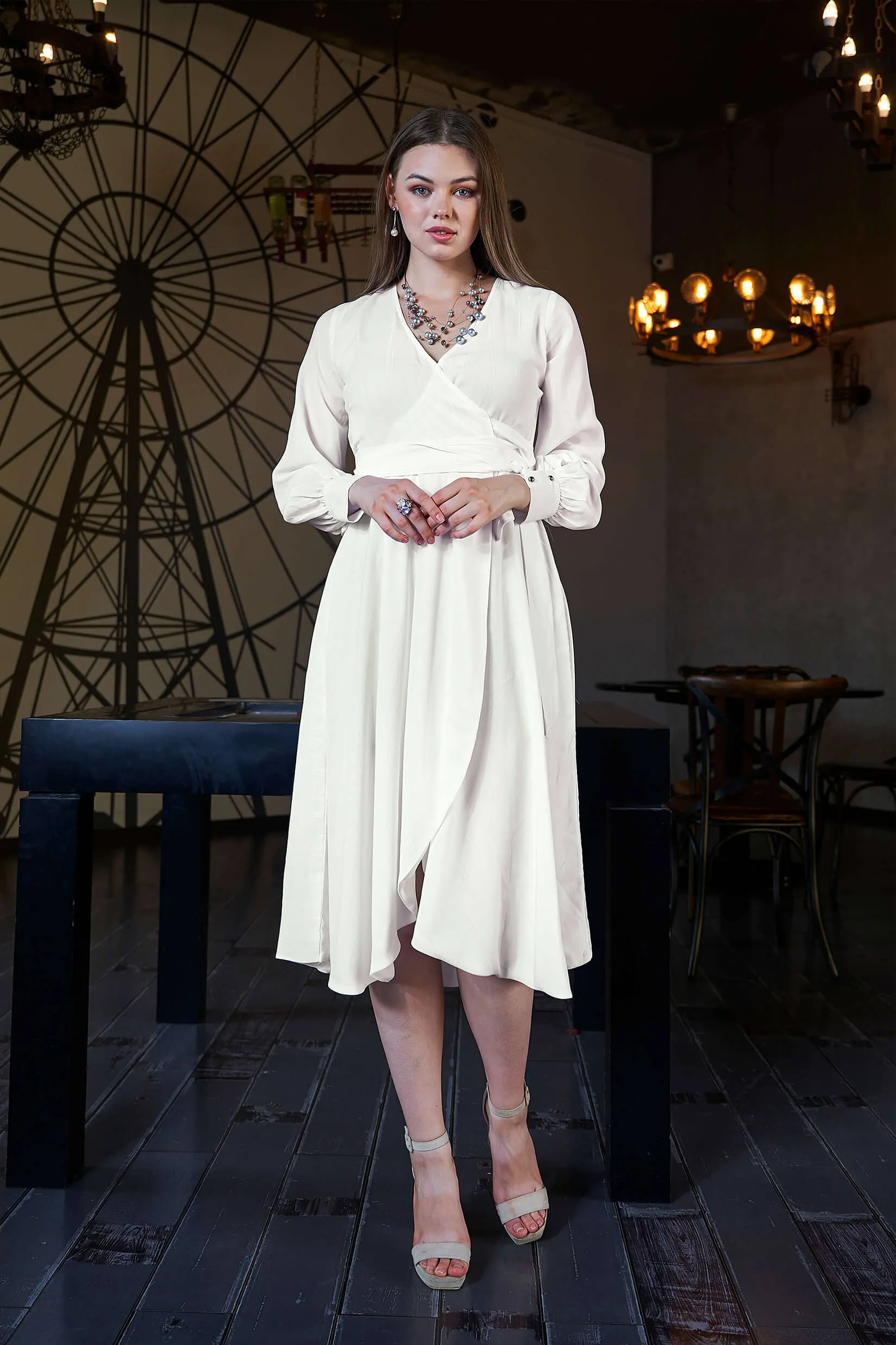 Solid V Neck Full Sleeve Wrap Midi Dress