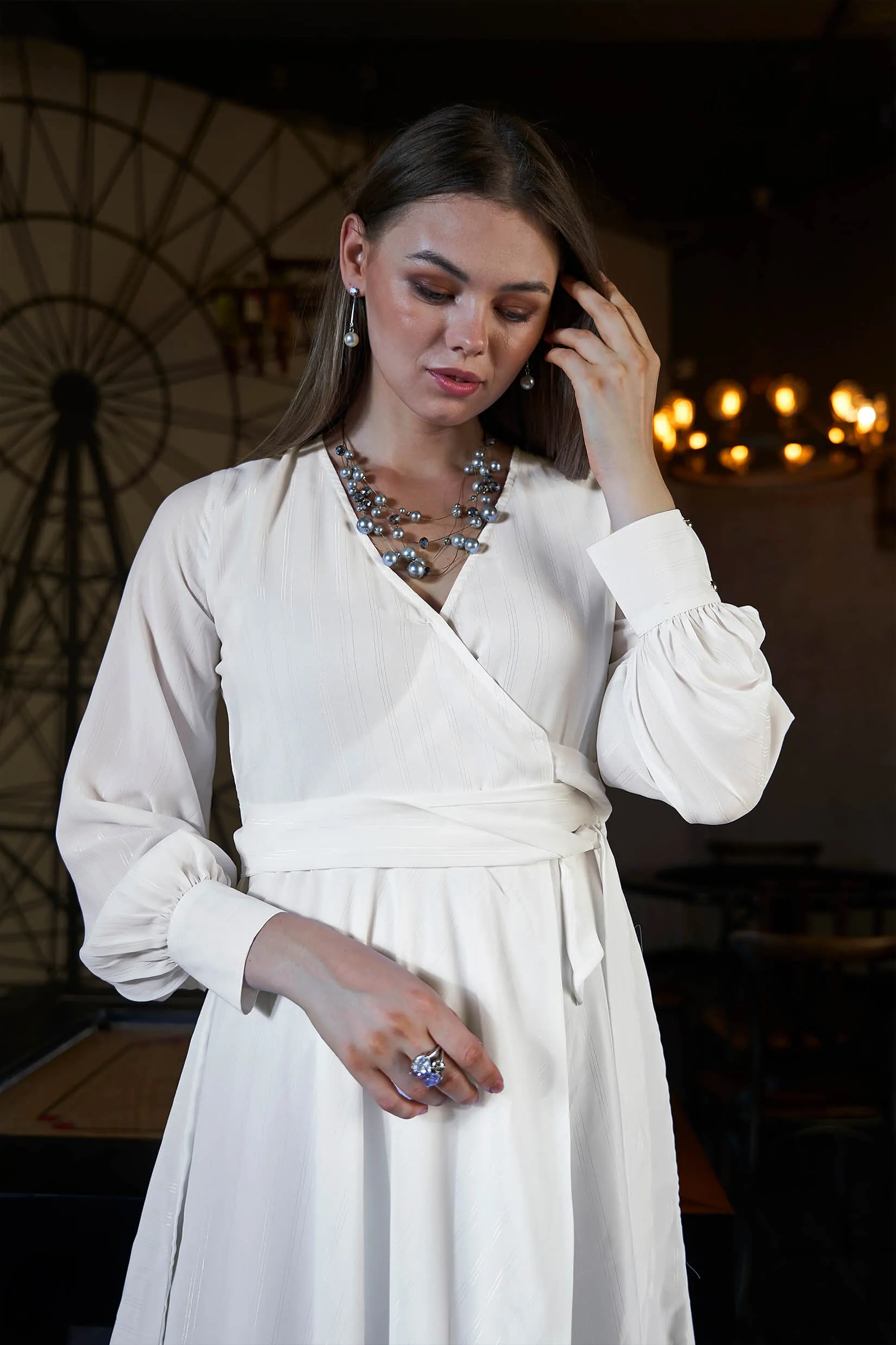 Solid V Neck Full Sleeve Wrap Midi Dress