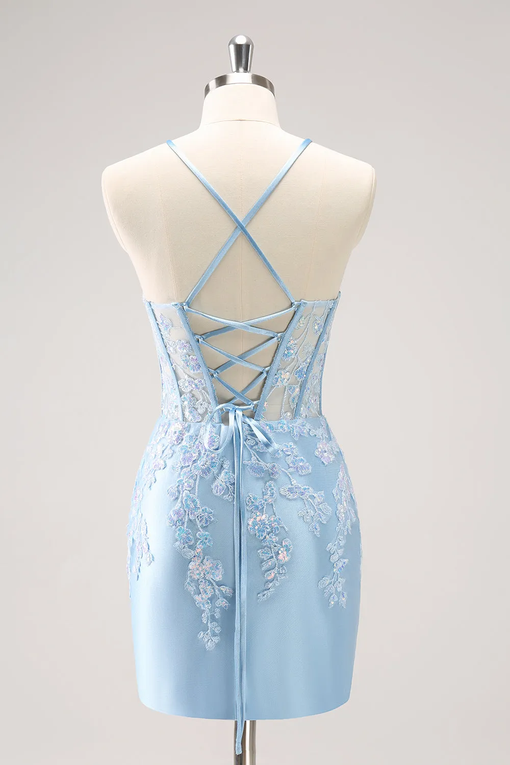 Sparkly Blue Spaghetti Straps Sequin Corset Tigtht Homecoming Dress with Appliques