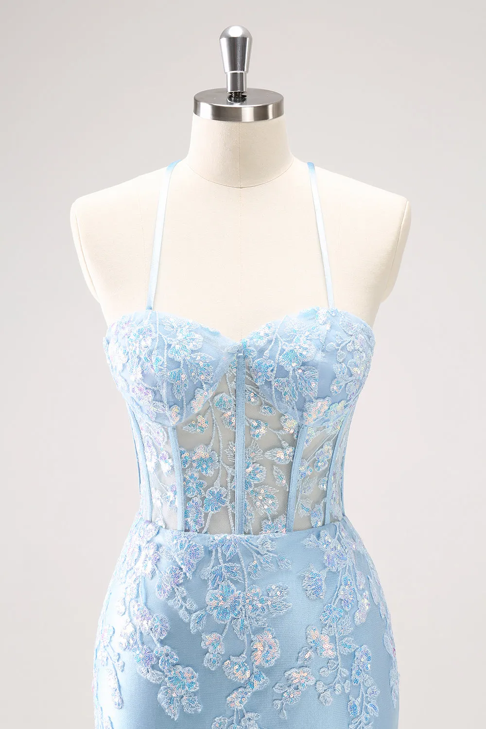 Sparkly Blue Spaghetti Straps Sequin Corset Tigtht Homecoming Dress with Appliques