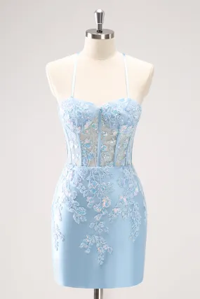 Sparkly Blue Spaghetti Straps Sequin Corset Tigtht Homecoming Dress with Appliques