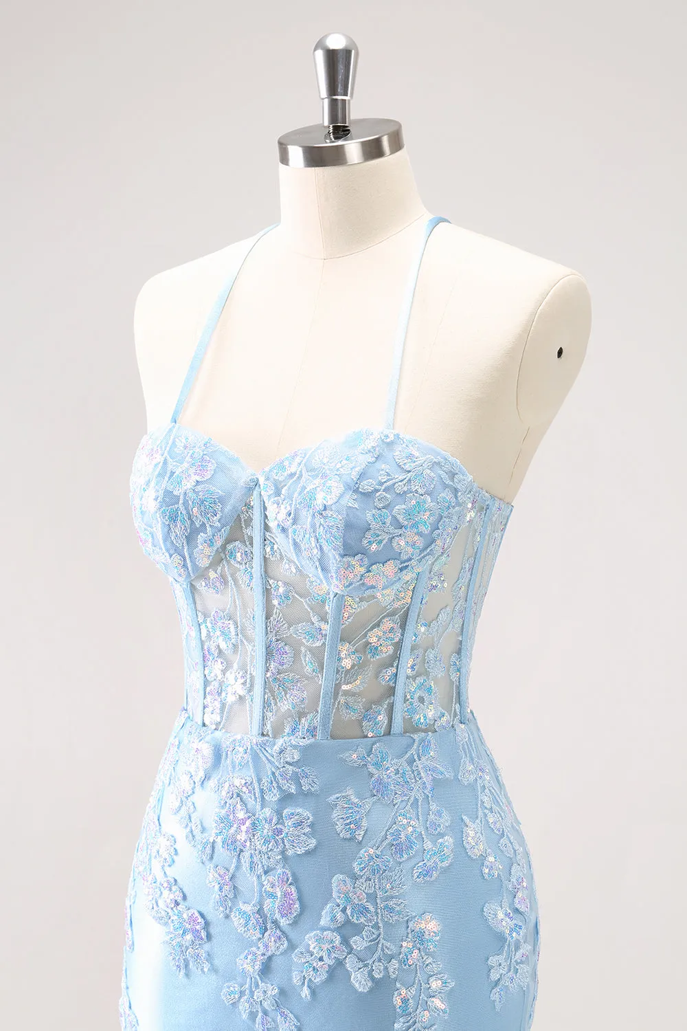 Sparkly Blue Spaghetti Straps Sequin Corset Tigtht Homecoming Dress with Appliques