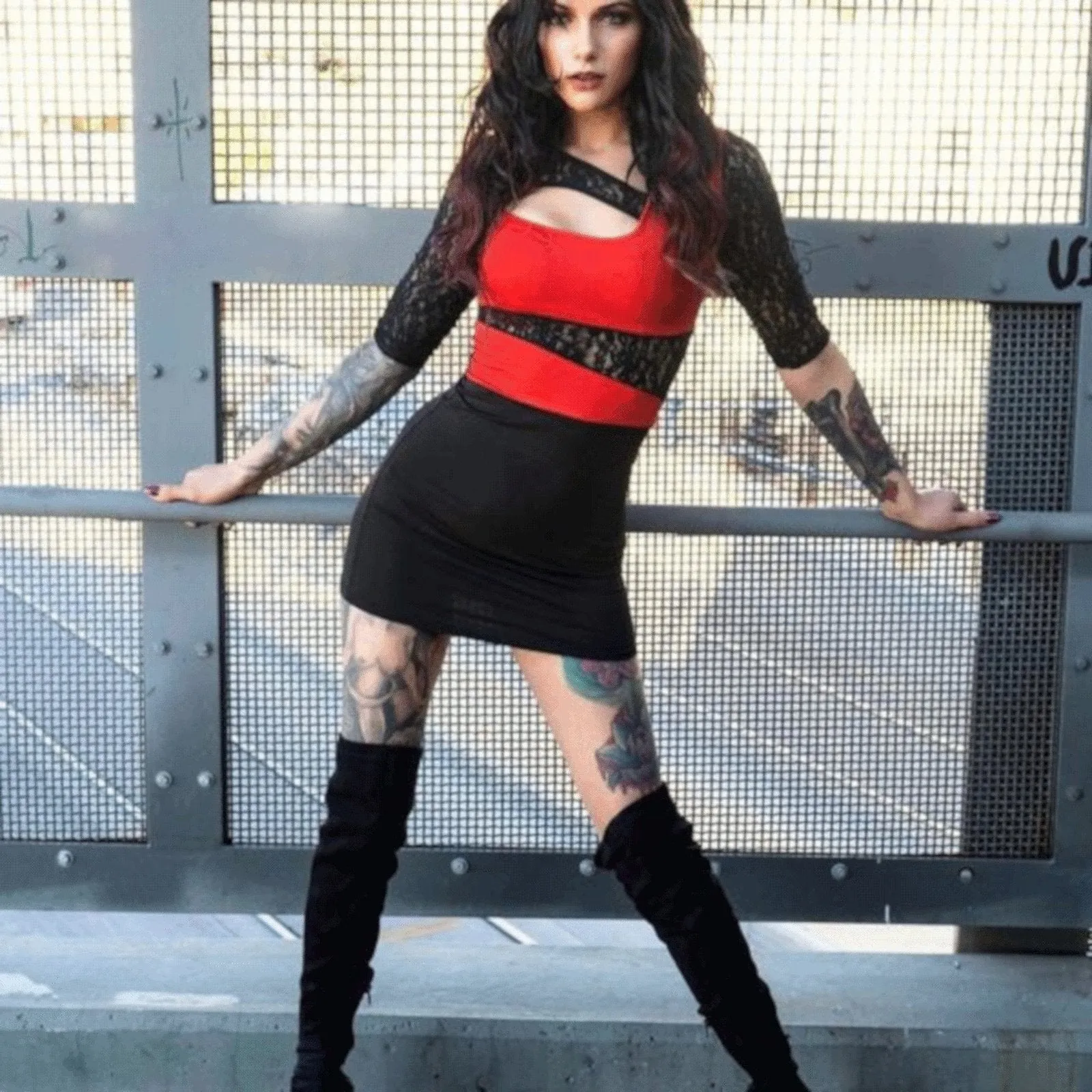 Steampunk Black Lace Qtr Sleeve Sexy Red Party Bodycon Dress