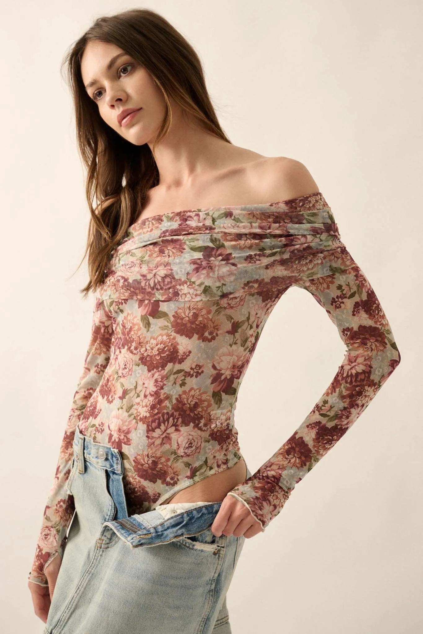 Tender Petals Floral Mesh Foldover Bodysuit