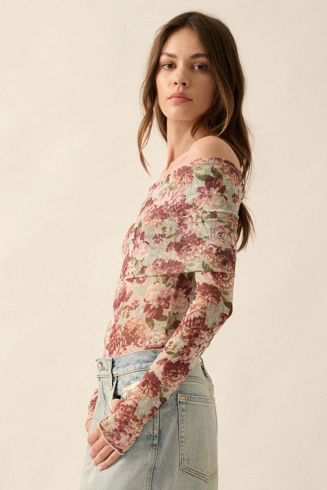 Tender Petals Floral Mesh Foldover Bodysuit