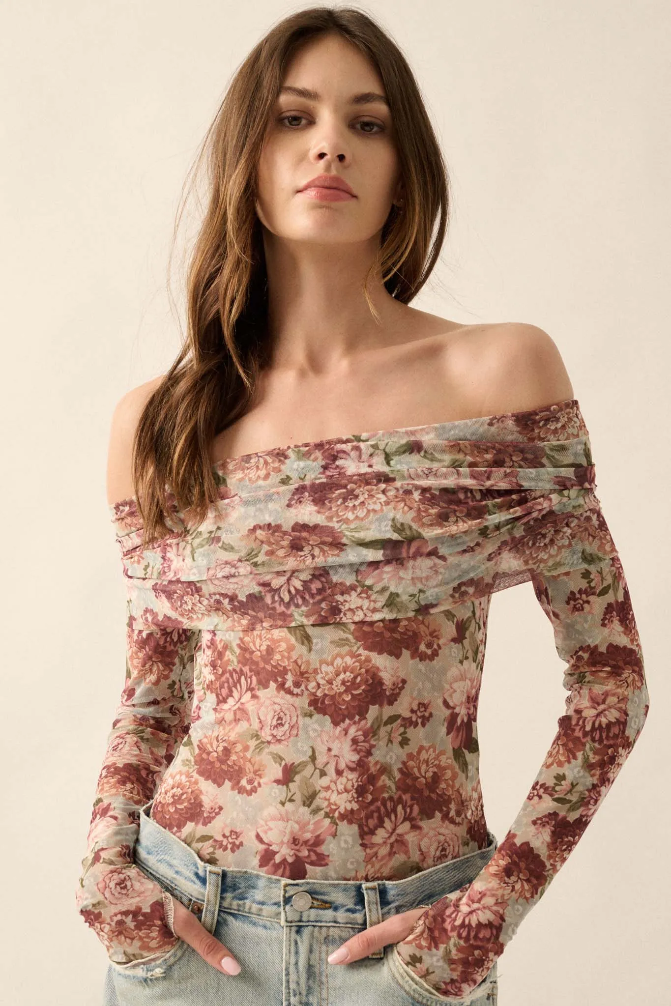 Tender Petals Floral Mesh Foldover Bodysuit