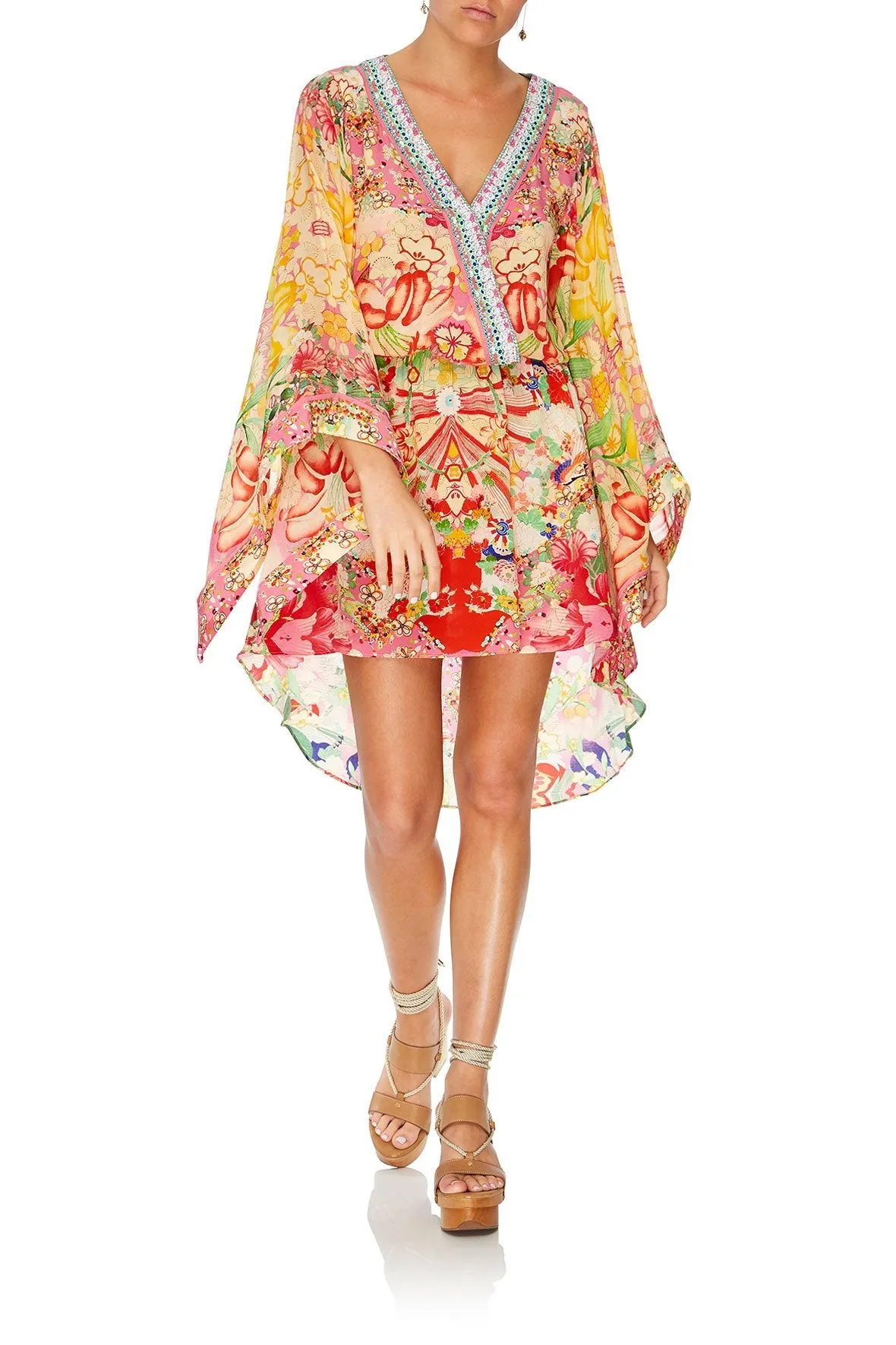 V-NECK KIMONO DRESS WITH TIE KIMONO KISSES