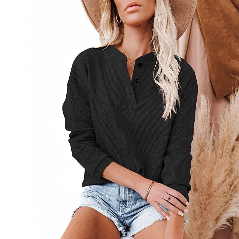 V-neck Solid Color Long-sleeved Top T-shirt