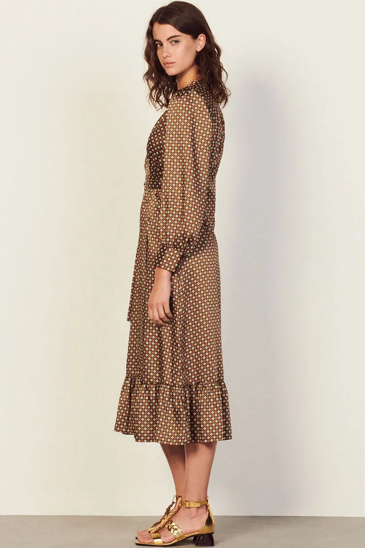 Vintage Floral Printed Long Sleeve Ruffle Wrap Midi Dress - Coffee