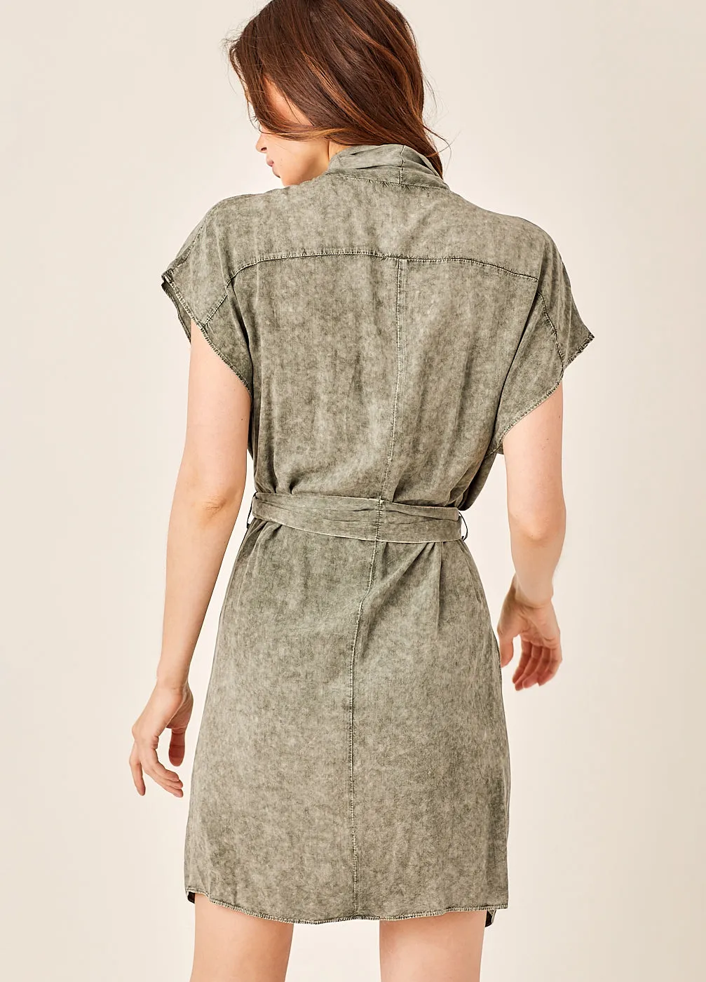 Washed Olive Faux-Wrap Dress