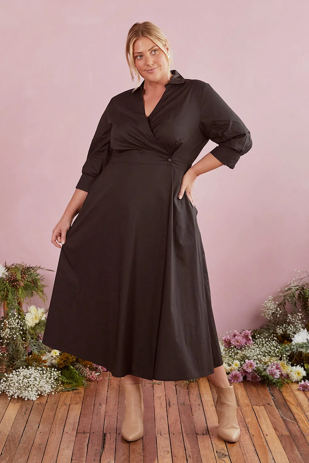 Wendy Poplin Wrap Dress in Black