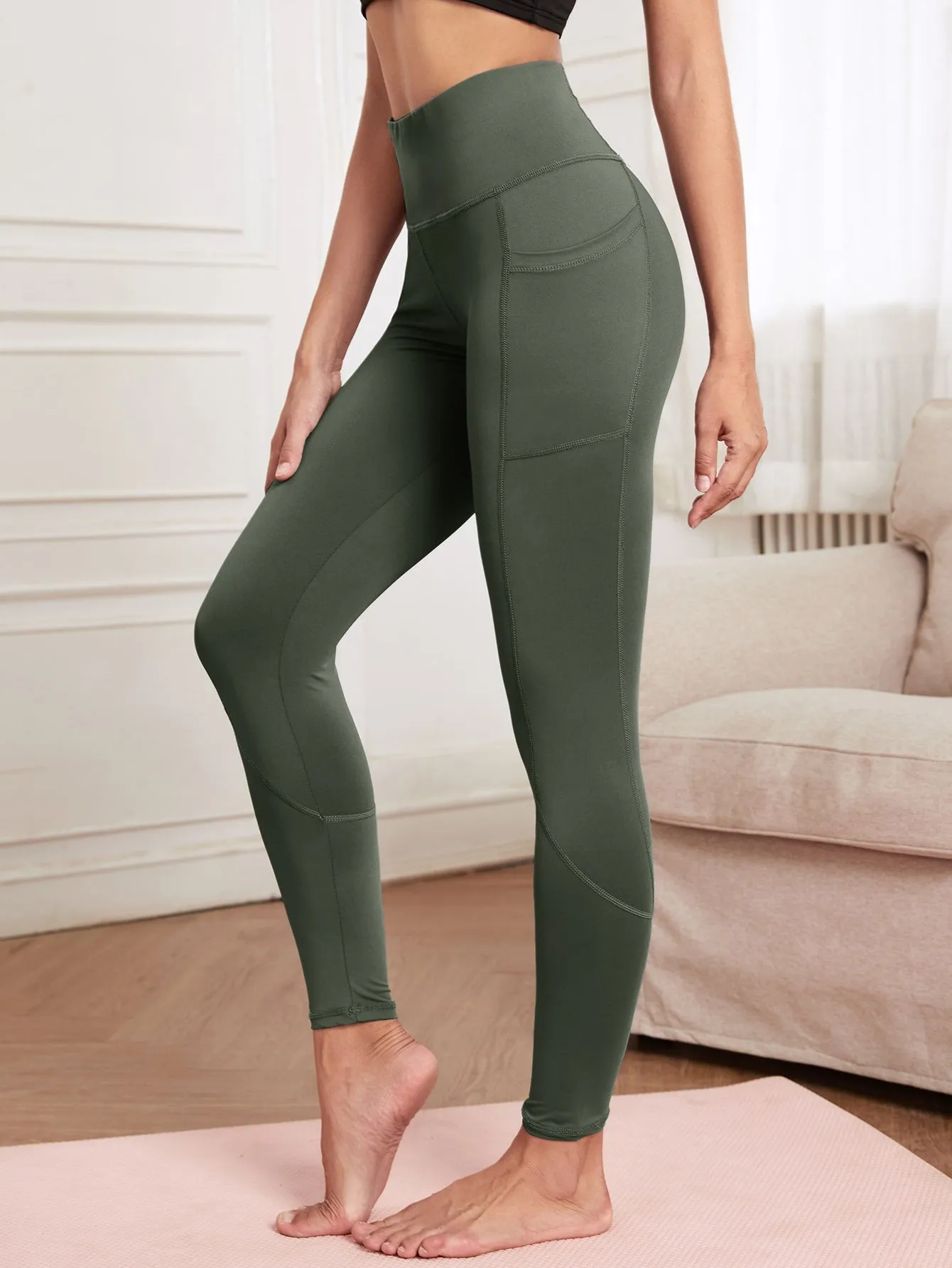 Wide Band Waist Sports Leggings With Phone Pocket